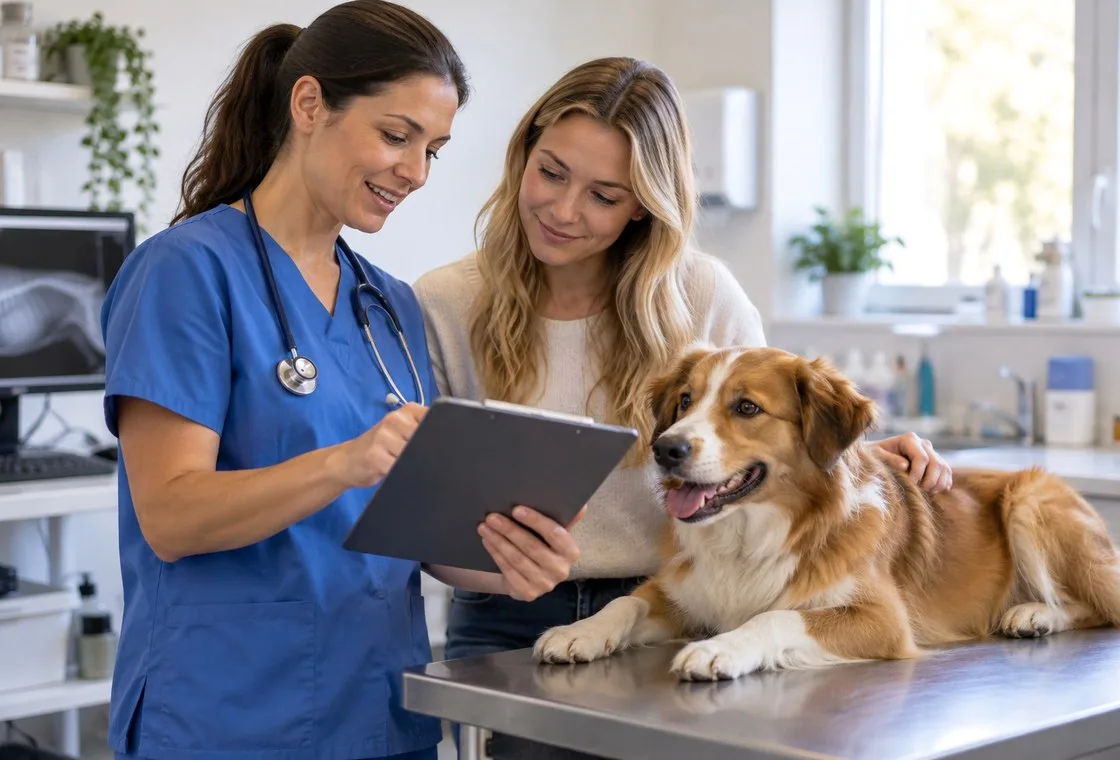 Veterinarian discussing a tablet with an owner beside a dog on an examination table